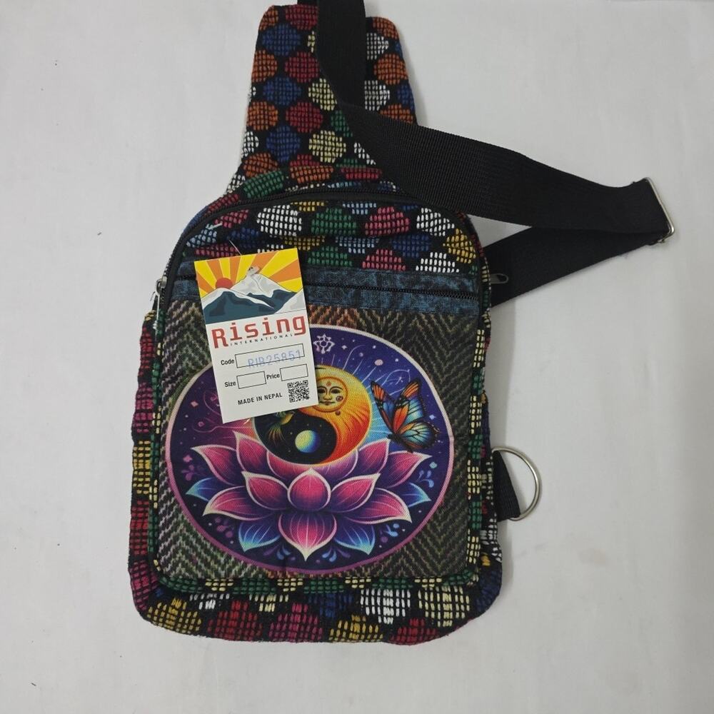 Rising International Boho Crossbody Sling Bag Nepal Yin Yang Lotus Festival NWT